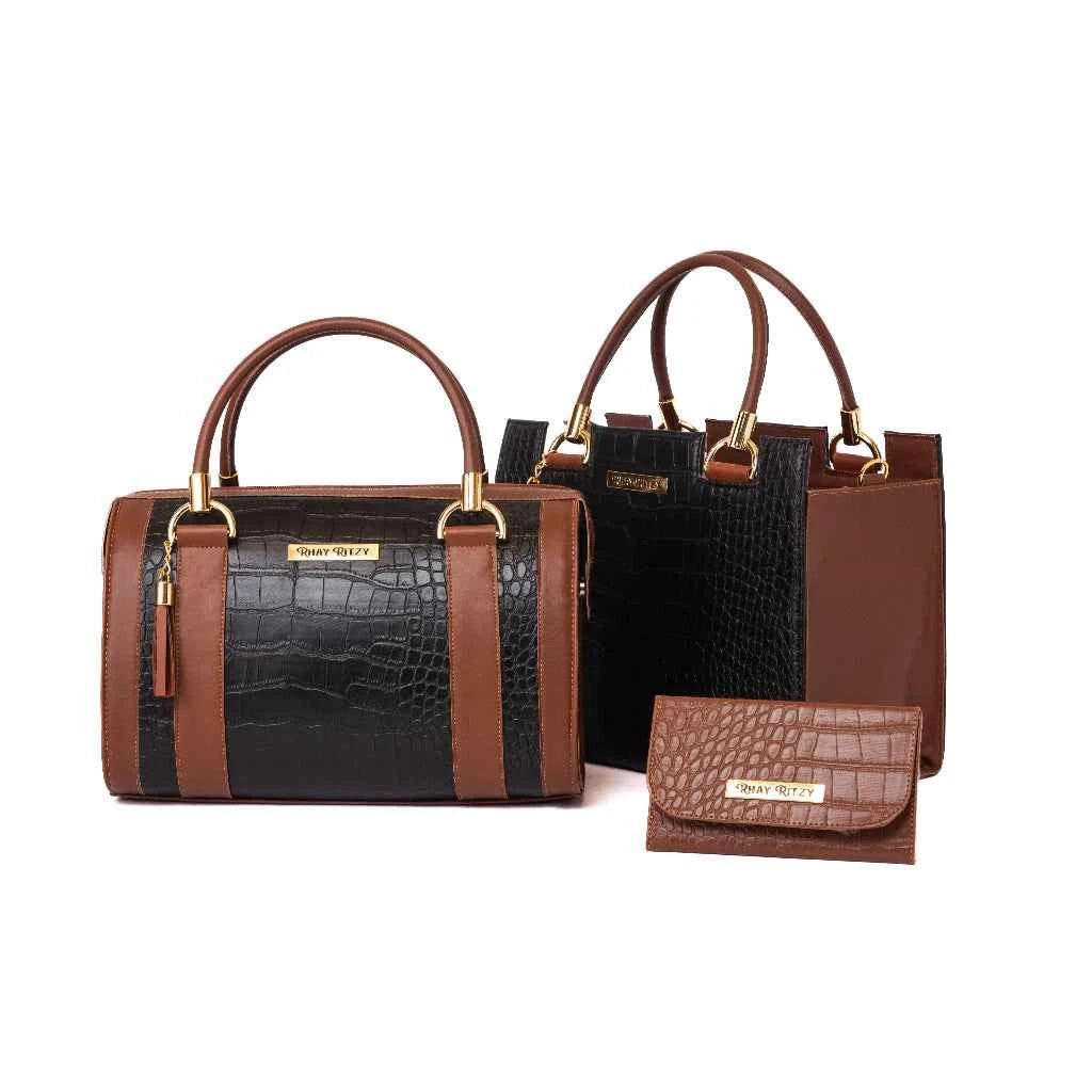 Kit Bolsa Baú + Bolsa Castelo Com Carteira Feminina de Mão e Alça de ombro Bicolor Transversal